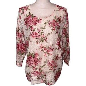 Rebecca Malone Floral Lace Layered Blouse Size XL Stretchy Comfy Feminine